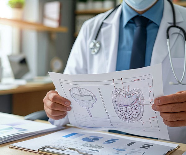 Physician holding gastrointestinal anatomy diagram