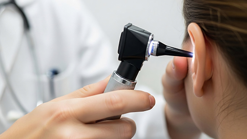 Doctor examining patients ear with otoscope for medical checkup.